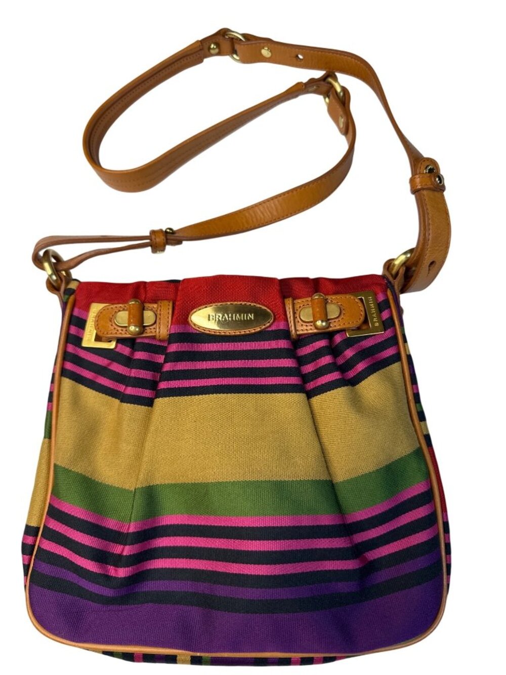 Brahmin Multicolor Stripe Canvas/Leather Crossbody Shoulder Bag W/Adjust. Strap
